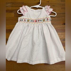 Bonnie Baby White Smocked Dress with Pink Trim and Floral Embroidery